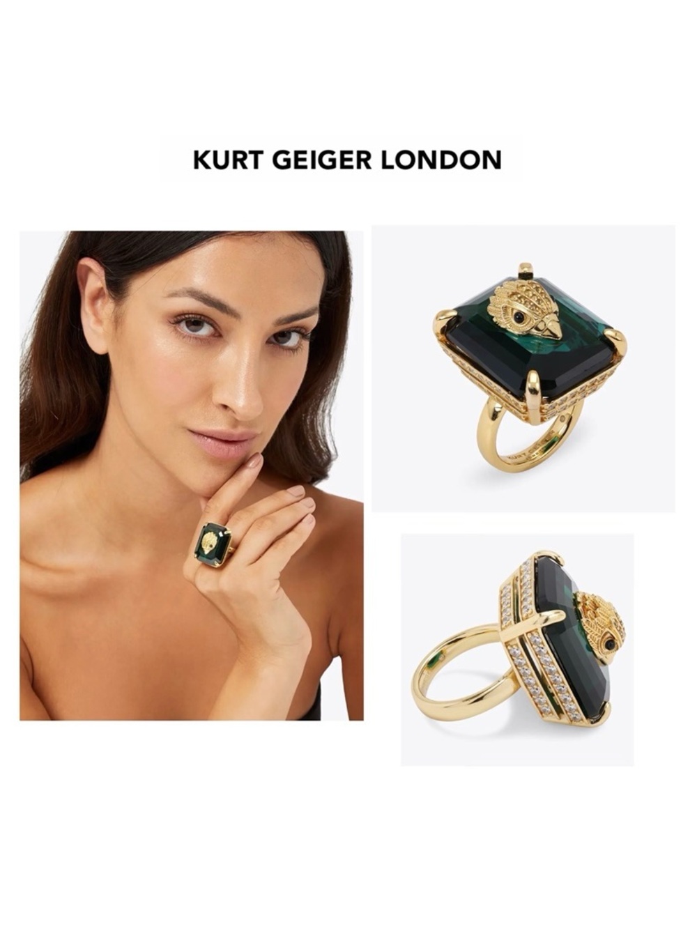 NIB KURT GEIGER EAGLE HEAD Gold Tone Green Crystal Emerald Cut Stone Ring